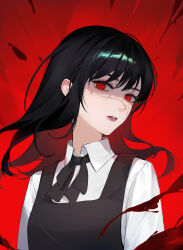Rule 34 | 1girl, absurdres, black dress, black hair, black ribbon, blood, chainsaw man, collared shirt, commentary request, cross scar, dbr (dbruuu9), dress, fourth east high school uniform, highres, lips, long hair, long sleeves, looking at viewer, neck ribbon, parted lips, pinafore dress, pink lips, red background, red eyes, ribbon, ringed eyes, scar, scar on face, school uniform, shirt, simple background, sleeveless, sleeveless dress, solo, uniform, white shirt, yoru (chainsaw man)