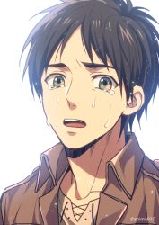 Rule 34 | 1boy, black hair, brown jacket, brown shirt, commentary request, crying, crying with eyes open, eren yeager, green eyes, grey background, jacket, looking at viewer, male focus, mashima shima, open clothes, open jacket, open mouth, paradis military uniform, shingeki no kyojin, shirt, simple background, solo, tears, teeth, twitter username, upper body, upper teeth only