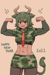 Rule 34 | 1girl, 2021, :d, abs, animal ears, arms up, aurochs (kemono friends), biceps, brown eyes, brown pantyhose, camouflage, camouflage shirt, camouflage skirt, chinese zodiac, collared shirt, cow ears, cow girl, cow horns, cow tail, cropped shirt, dark-skinned female, dark skin, double biceps pose, edano kiui, empty eyes, flexing, green hair, happy new year, highres, horns, kemono friends, layered sleeves, long sleeves, looking at viewer, medium hair, microskirt, midriff, muscular, muscular female, navel, necktie, new year, open mouth, pantyhose, parted bangs, pencil skirt, red necktie, shirt, short over long sleeves, short sleeves, simple background, skirt, smile, solo, stomach, tail, v-shaped eyebrows, wing collar, year of the ox