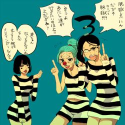 Rule 34 | 3girls, asdge23, bad id, bad pixiv id, black hair, blue hair, bon clay, buggy the clown, clothes pull, clown, galdino, genderswap, genderswap (mtf), glasses, impel down, makeup, multiple girls, one piece, pointing, ponytail, prison clothes, red nose, short hair, skirt, skirt hold, skirt pull, translation request