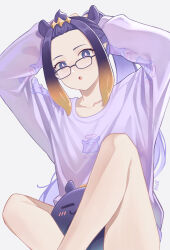 Rule 34 | 1girl, absurdres, arms up, commentary, english commentary, forehead, glasses, highres, hololive, hololive english, long hair, long sleeves, looking at viewer, ninomae ina&#039;nis, nuebunny, open mouth, purple eyes, purple hair, purple shirt, shirt, simple background, sitting, solo, takodachi (ninomae ina&#039;nis), tentacle hair, tying hair, virtual youtuber, white background
