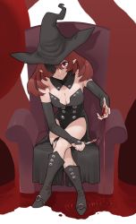Rule 34 | 1girl, bare shoulders, black footwear, black hat, black legwear, bleeding, blood, bloody knife, bloody weapon, boots, breasts, brown hair, chair, cleavage, closed mouth, collarbone, cropped, crossed legs, detached sleeves, dripping, eyepatch, guee (ebifry teishoku), hair between eyes, hat, highres, holding, holding knife, holding weapon, injury, knife, looking at viewer, medium hair, o-ring, original, pointy ears, puddle, purple eyes, ripples, sitting, smile, solo, stitches, thigh strap, weapon, witch, witch hat