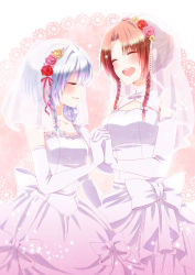 Rule 34 | 2girls, alternate costume, alternate hairstyle, bare shoulders, blush stickers, braid, bridal veil, bride, chitose (usacan), couple, detached sleeves, dress, elbow gloves, closed eyes, flower, flower on head, gloves, hair flower, hair ornament, hair ribbon, hair up, hand on another&#039;s cheek, hand on another&#039;s face, highres, hong meiling, interlocked fingers, izayoi sakuya, light smile, lipstick, long hair, makeup, multiple girls, off shoulder, own hands clasped, own hands together, red hair, ribbon, short hair, silver hair, smile, touhou, tress ribbon, twin braids, veil, wedding dress, white dress, wife and wife, yuri