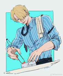 Rule 34 | 1boy, blonde hair, cigarette, concentrating, cooking, curly eyebrows, facial hair, goatee stubble, hair over one eye, highres, male focus, mcbuckwheat, mustache stubble, one piece, pants, sanji (one piece), shirt, short hair, sleeves rolled up, solo, striped clothes, striped shirt, stubble, two-tone background