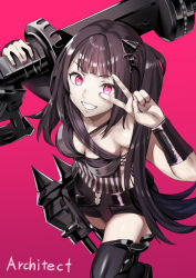 Rule 34 | 028ilc, 1girl, architect (girls&#039; frontline), asymmetrical clothes, bad id, bad twitter id, black thighhighs, breasts, character name, girls&#039; frontline, grin, hair ornament, highres, holding, holding weapon, long hair, medium breasts, nail polish, one side up, pale skin, pink background, pink eyes, purple hair, rocket launcher, sangvis ferri, shirt, shorts, simple background, smile, solo, striped clothes, striped shirt, thighhighs, v, v over eye, weapon