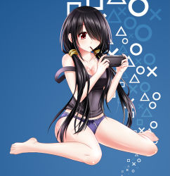 Rule 34 | 10s, 1girl, bare legs, barefoot, black hair, black shirt, blue background, blue panties, blue ribbon, blush, bow, bow panties, breasts, chips (food), cleavage, collarbone, controller, covered erect nipples, date a live, female focus, food, full body, game console, game controller, groin, hair ornament, hair over one eye, handheld game console, highres, holding, large breasts, long hair, md5 mismatch, navel, off shoulder, panties, playing games, playstation portable, playstation vita, pocky, potato chips, purple panties, red eyes, remote control, resolution mismatch, ribbon, shiny skin, shirt, sitting, solo, source smaller, strap slip, tank top, taut clothes, tokisaki kurumi, tsubasaki, twintails, underwear, very long hair, wariza