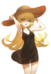 Rule 34 | 1girl, arms up, bare arms, bare shoulders, black dress, blonde hair, deatheach, dress, fang, hat, highres, long hair, monogatari (series), open mouth, oshino shinobu, see-through silhouette, simple background, sleeveless, sleeveless dress, solo, white background, yellow eyes