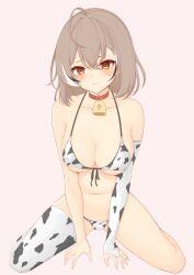 Rule 34 | 1girl, :t, absurdres, ahoge, animal print, bell, bikini, blush, breasts, bridal gauntlets, brown eyes, brown hair, cleavage, closed mouth, collar, collarbone, cow print, cow print bikini, cowbell, elbow gloves, front-tie bikini top, front-tie top, gloves, hair ornament, highres, hololive, hololive english, honon, kneeling, legs apart, looking at viewer, medium breasts, multicolored hair, nanashi mumei, navel, neck bell, official alternate hairstyle, panties, pout, print bikini, print gloves, print panties, print thighhighs, red collar, short hair, simple background, single bridal gauntlet, single elbow glove, single glove, single thighhigh, solo, stomach, streaked hair, swimsuit, thighhighs, underwear, virtual youtuber