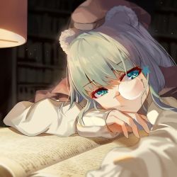 Rule 34 | 1girl, animal ears, aqua hair, arknights, bear ears, beret, book, brown hat, chinese commentary, commentary request, dark background, expressionless, glasses, hair ornament, hat, highres, hongbaise raw, istina (arknights), lamp, looking at viewer, monocle, night, open book, pince-nez, portrait, solo, star (symbol), star hair ornament, sweater, white sweater