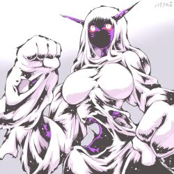 Rule 34 | 1girl, breasts, clenched hand, colored skin, commentary, english commentary, ghost, hand on own hip, hataraki ari, highres, horns, large breasts, long hair, monster girl, original, purple skin, red eyes, signature, solo, upper body, white hair