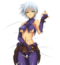 Rule 34 | 1girl, aqua eyes, areola slip, bare shoulders, belt, belt pouch, breasts, breasts apart, buckle, cameltoe, closed mouth, covered collarbone, covered erect nipples, cowboy shot, embarrassed, emblem, fingerless gloves, frown, gloves, green eyes, grey hair, half-closed eyes, halterneck, hand up, hip focus, holding, holding weapon, legs together, looking at viewer, medium breasts, midriff, narrow waist, navel, ninja, no bra, pouch, raised eyebrows, sheryl (rumble fish), short hair, simple background, solo, standing, syunzou, the rumble fish, thigh gap, torn clothes, turtleneck, underboob, weapon, white background, wire, wrist guards, zipper