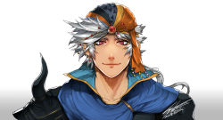 Rule 34 | 1boy, artist name, asymmetrical clothes, bandana, beads, brown eyes, final fantasy, final fantasy ii, firion, hair beads, hair ornament, hiryuu (kugelcruor), looking at viewer, male focus, shoulder spikes, signature, silver hair, simple background, smile, solo, spikes, upper body
