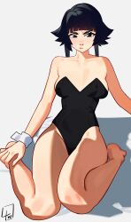 Rule 34 | 1girl, absurdres, alternate breast size, bare legs, bare shoulders, barefoot, black eyes, black hair, black leotard, bleach, blunt bangs, breasts, censored, censored feet, collarbone, full body, grey background, hand on own foot, highleg, highleg leotard, highres, l4wless, large breasts, legs, leotard, lips, long hair, looking at viewer, mosaic censoring, on ground, playboy bunny, signature, simple background, sitting, solo, strapless, strapless leotard, sui-feng, twintails, v-shaped eyebrows, wariza, wrist cuffs