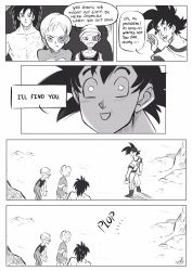 Rule 34 | 1girl, 3boys, :d, ^ ^, annoyed, broly (dragon ball super), cheelai, close-up, closed eyes, comic, commentary, creepy, dragon ball, dragon ball super, dragon ball super broly, english commentary, english text, frown, greyscale, hand up, hat, highres, lemo (dragon ball), mellon snow, monochrome, multiple boys, nervous, open mouth, scar, scouter, smile, son goku, speech bubble, sweatdrop, topless male, waving
