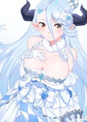 Rule 34 | 1girl, arm under breasts, bare shoulders, blue hair, blush, breast lift, breast suppress, breasts, brown eyes, cleavage, draph, dress, elbow gloves, flower, gloves, granblue fantasy, hair between eyes, hair flower, hair ornament, hand on own chest, highres, horns, izmir, large breasts, light blue hair, long hair, parted bangs, pointy ears, raitho, smile, solo, swept bangs, upper body, very long hair, white dress, white gloves