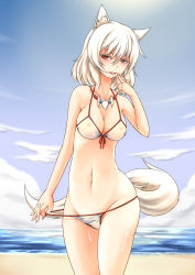 Rule 34 | 1girl, alternate costume, animal ears, beach, bikini, blush, breasts, cleavage, collar, collarbone, colored eyelashes, come hither, covered erect nipples, day, fangs, female focus, finger to mouth, groin, highres, inubashiri momiji, inyuppo, large breasts, looking at viewer, nature, navel, nipples, ocean, open mouth, red eyes, saliva, saliva trail, see-through, short hair, silver hair, solo, sweat, swimsuit, tail, tongue, touhou, white bikini, wolf ears, wolf tail