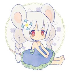 Rule 34 | 1girl, animal ears, ayu (mog), bad id, bad pixiv id, barefoot, blue dress, braid, choker, dress, eyebrows, floral background, flower, frilled dress, frills, grey background, hair flower, hair ornament, hands on lap, looking at viewer, mouse ears, mouse tail, original, polka dot, red eyes, short eyebrows, smile, solo, strapless, strapless dress, tail, toes, twin braids