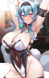 Rule 34 | 1girl, adapted costume, alternate costume, animal ears, arm strap, armpits, arms up, blue hair, breasts, duplicate, eula (genshin impact), genshin impact, highres, large breasts, leotard, light particles, looking at viewer, medium hair, pixel-perfect duplicate, playboy bunny, purple eyes, rabbit ears, rabbit tail, rapapa, smile, solo, tail