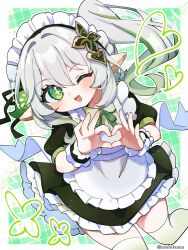 Rule 34 | absurdres, apron, blush, bow, bowtie, collared shirt, cross-shaped pupils, dress, eyelashes, frilled dress, frilled wrist cuffs, frills, genshin impact, green bow, green bowtie, green eyes, green shirt, green thighhighs, grey hair, hair between eyes, hair intakes, hair ornament, happy, heart, heart hands, high ponytail, highres, leaf hair ornament, long hair, looking at viewer, maid, maid day, maid headdress, nahida (genshin impact), oishii sasa, one eye closed, open mouth, pointy ears, ponytail, puffy short sleeves, puffy sleeves, shirt, short sleeves, side ponytail, sparkle, symbol-shaped pupils, thighhighs, tongue, twitter username, white apron, wrist cuffs