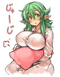 Rule 34 | 1girl, :o, blush, breasts, character request, copyright request, covered erect nipples, green eyes, green hair, hair between eyes, large breasts, long hair, long sleeves, looking at viewer, matching hair/eyes, open mouth, pajamas, perky breasts, pillow, pointy ears, puffy nipples, remona-san, sachito, simple background, sitting, solo, thick thighs, thighs, white background