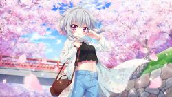 Rule 34 | 1girl, ahoge, bag, black shirt, blue sky, blush, bracelet, bridge, brown bag, cherry blossoms, cherry tree, closed mouth, cloud, crop top, crop top overhang, day, denim, dot nose, film grain, floral print, game cg, grass, grey hair, hand on own face, handbag, hands up, ichijou ruka, izumi tsubasu, jeans, jewelry, lens flare, long shirt, looking at viewer, midriff, navel, non-web source, official art, outdoors, pants, print shirt, purple eyes, railing, re:stage!, shirt, short hair with long locks, sky, smile, solo, sparkle, stairs, watch, white shirt