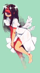 Rule 34 | 1girl, angel, angel wings, black hair, closed mouth, cyclops, dated, dress, feathered wings, foot wings, full body, green background, halo, highres, long hair, looking at viewer, muku-chan (muroku), multiple wings, muroku (aimichiyo0526), one-eyed, original, red eyes, short sleeves, signature, simple background, smile, solo, white dress, white wings, wings