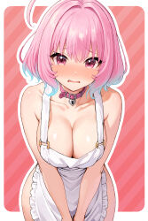 Rule 34 | 1girl, absurdres, ahoge, apron, aqua hair, artist request, belt, belt collar, blush, bob cut, border, breasts, check artist, choker, cleavage, collar, collarbone, commentary request, frilled apron, frills, furrowed brow, hair between eyes, hair intakes, heart-shaped lock, heart collar, highres, idolmaster, idolmaster cinderella girls, idolmaster cinderella girls starlight stage, large breasts, looking at viewer, medium hair, multicolored hair, naked apron, open mouth, pink belt, pink choker, pink collar, pink eyes, pink hair, raiden (kdsn3783), red background, solo, striped, striped background, tearing up, thighs, two-tone hair, v arms, white apron, white background, white border, yumemi riamu