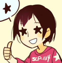 Rule 34 | 1girl, bad id, bad pixiv id, black hair, blush stickers, child, jotman, lowres, scp-134, scp foundation, short hair, solo, speech bubble, star-shaped pupils, star (symbol), symbol-shaped pupils, thumbs up