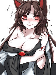 Rule 34 | 1girl, @ @, animal ears, arm under breasts, blush, breasts, brooch, brown hair, cleavage, collarbone, dress, embarrassed, fingernails, highres, imaizumi kagerou, jewelry, kae (hyugafire), large breasts, long fingernails, long hair, long sleeves, looking at viewer, nail polish, off-shoulder dress, off-shoulder shirt, off shoulder, red eyes, red nails, shirt, simple background, solo, sweatdrop, touhou, white background, white dress, wolf ears