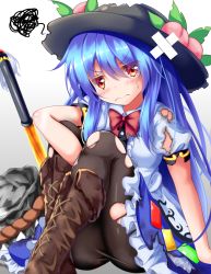 Rule 34 | 1girl, arm support, between legs, black hat, blue hair, blue skirt, blush, boots, bow, bowtie, brown footwear, commentary, cross-laced footwear, crossed bandaids, dress, food, frown, fruit, gradient background, grey background, hair between eyes, hand between legs, hat, head tilt, hinanawi tenshi, hugging own legs, keystone, knee boots, knees to chest, layered dress, leaf, long hair, looking at viewer, peach, red bow, red bowtie, red eyes, rope, shimenawa, shirt, sitting, skirt, solo, squiggle, sword of hisou, tears, torn clothes, torn hat, torn legwear, torn sleeves, touhou, unory, very long hair, wavy mouth, white background, white shirt
