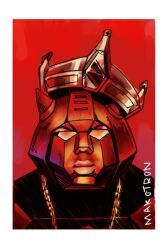 Rule 34 | artist name, border, bumblebee (transformers), chain, crown, fusion, gold chain, looking at viewer, makoto ono, mecha, monochrome, notorious b.i.g., parody, portrait, pun, real life, red background, robot, solo, transformers, transformers: generation 1, white border