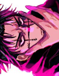 Rule 34 | 1boy, a00xm, black eyes, black hair, black vest, choso (jujutsu kaisen), close-up, facial tattoo, fighting stance, hand on own face, hand up, highres, jujutsu kaisen, looking at viewer, male focus, pink light, portrait, robe, short hair, short twintails, simple background, solo, tattoo, twintails, v-shaped eyebrows, vest, white background