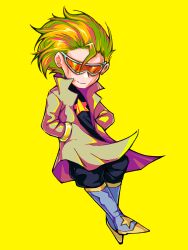 Rule 34 | 1boy, aygoftenover, blonde hair, boots, brown coat, chibi, coat, facing viewer, full body, goggles, hands in pockets, highres, long sleeves, male focus, open clothes, open coat, short hair, shy (series), simple background, smile, solo, star (symbol), stardust (shy), yellow background