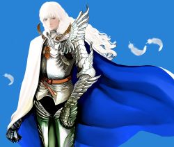 Rule 34 | 1boy, androgynous, armor, berserk, blue background, blue eyes, cape, closed mouth, commentary, commentary request, feathers, griffith (berserk), highres, long hair, male focus, nisino2222, shoulder armor, simple background, solo, wavy hair, white cape, white hair