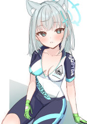 Rule 34 | 1girl, absurdres, animal ear fluff, animal ears, bike shorts, blue archive, blue eyes, blush, breasts, collarbone, commentary, cross hair ornament, gloves, green gloves, grey hair, hair ornament, halo, heterochromia, highres, jacket, looking at viewer, medium breasts, medium hair, niwa (2wa10re), open mouth, pants, shiroko (blue archive), shiroko (cycling) (blue archive), short sleeves, simple background, sitting, solo, sportswear, sweat, thighs, track jacket