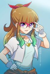 Rule 34 | 1girl, :d, adjusting eyewear, blue background, blue shirt, bow, brown hair, choker, collarbone, glasses, gloves, gradient background, gradient hair, green hair, hair bow, hand on own hip, highres, long hair, looking at viewer, multicolored hair, ohdo yuamu, open mouth, ponytail, purple eyes, raijin-bh, red-framed eyewear, red bow, shirt, short sleeves, smile, solo, standing, twitter username, white choker, white gloves, yu-gi-oh!, yu-gi-oh! go rush!!