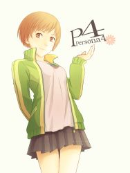 Rule 34 | 1girl, arya (tianhua), atlus, brown eyes, brown hair, female focus, highres, jacket, light smile, logo, long sleeves, open clothes, open jacket, persona, persona 4, satonaka chie, short hair, simple background, skirt, solo, track jacket, unmoving pattern