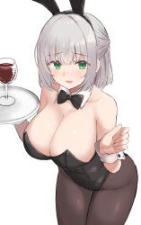 Rule 34 | 1girl, absurdres, animal ears, bare shoulders, black bow, black bowtie, black hairband, black leotard, blush, bow, bowtie, braid, breasts, brown pantyhose, cleavage, cup, detached sleeves, drinking glass, fake animal ears, green eyes, hairband, highres, holding, holding tray, hololive, large breasts, leotard, looking at viewer, nekohuman221 (tsun221), pantyhose, playboy bunny, rabbit ears, shirogane noel, short hair, silver hair, smile, solo, strapless, strapless leotard, tray, virtual youtuber, wrist cuffs