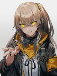Rule 34 | 1girl, black gloves, black jacket, black ribbon, blood, blood on clothes, blood on face, brown hair, dress shirt, eyebrows hidden by hair, fingerless gloves, girls&#039; frontline, gloves, glowing, glowing eyes, grey background, hair between eyes, hair ornament, hand up, jacket, long hair, long sleeves, looking at viewer, neck ribbon, one side up, open clothes, open jacket, parted lips, ribbon, scar, scar across eye, scar on face, shirt, silence girl, simple background, smile, solo, ump45 (girls&#039; frontline), upper body, very long hair, white shirt, yellow eyes