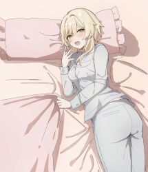 Rule 34 | 1girl, ass, bed sheet, blonde hair, blush, breast pocket, breasts, buttons, commentary request, drooling, eyelashes, genshin impact, grey pajamas, grey pants, grey shirt, hair between eyes, hair intakes, hand up, highres, kuromu shado, long sleeves, looking at viewer, looking back, lumine (genshin impact), lying, medium breasts, mouth drool, on stomach, open mouth, pajamas, pants, pillow, pocket, shirt, short hair with long locks, sidelocks, solo, v-shaped eyebrows, yawning, yellow eyes