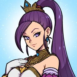 Rule 34 | 1girl, akairiot, bare shoulders, bracelet, choker, dragon quest, dragon quest xi, jewelry, long hair, looking at viewer, martina (dq11), ponytail, purple eyes, purple hair, simple background, smile, solo, very long hair