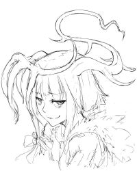 Rule 34 | 1girl, asymmetrical horns, bad id, bad twitter id, bags under eyes, greyscale, horns, jaco, long hair, looking at viewer, monochrome, original, parted lips, simple background, sketch, smile, solo, white background