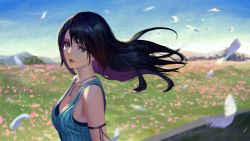 Rule 34 | 1girl, absurdres, arm strap, black hair, blue eyes, breasts, colored inner hair, commentary, english commentary, feathers, field, final fantasy, final fantasy viii, floating hair, flower, flower field, head tilt, highres, jewelry, looking at viewer, medium breasts, medium hair, mountain, multicolored hair, necklace, phamoz, pink flower, pink hair, rinoa heartilly, smile, solo