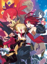 Rule 34 | 4boys, 4girls, absurdres, adell (disgaea), aiming, aiming at viewer, akutare (disgaea), armpits, black gloves, black hair, black pants, blonde hair, blue eyes, blush stickers, bow, bright pupils, chain, child, clenched hand, closed mouth, dark-skinned male, dark skin, demon boy, demon girl, disgaea, earrings, elbow gloves, etna (disgaea), frog, gloves, gun, hair bobbles, hair ornament, hanako (disgaea), harada takehito, highres, jewelry, makai senki disgaea 2, microphone, multiple boys, multiple girls, muscular, necktie, official art, one eye closed, open mouth, pants, pink eyes, pointy ears, prinny, purple eyes, red eyes, red hair, rozalin, short hair, side ponytail, slit pupils, smile, spiked hair, tail, taro (disgaea), tink (disgaea), twintails, weapon, yellow bow, yukimaru (disgaea), zenon (disgaea)