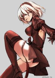 Rule 34 | 1girl, 2017, ass, backless outfit, bare back, blindfold, dated, dress, hairband, high heels, highres, kuronuko neero, medium hair, mole, mole under mouth, nier (series), nier:automata, parted lips, puffy sleeves, silver hair, sketch, solo, thighhighs, 2b (nier:automata)