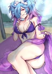 Rule 34 | 1girl, alternate costume, artist name, ass, ass focus, bikini, blue hair, breasts, camilla (fire emblem), camilla (fire emblem) (cosplay), cleavage, cosplay, fire emblem, fire emblem fates, fire emblem heroes, hair over one eye, highres, looking at viewer, multicolored hair, nintendo, one eye covered, peri (fire emblem), pink hair, purple bikini, red eyes, solo, swimsuit, twintails, vialnite