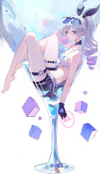 Rule 34 | 1girl, absurdres, bare shoulders, barefoot, blowing bubbles, chewing gum, cocktail glass, crop top, cube, cup, drill hair, drill ponytail, drinking glass, duzizai, fingerless gloves, gloves, goggles, goggles on head, gradient hair, grey hair, hand on own head, highres, honkai: star rail, honkai (series), in container, in cup, legs, multicolored hair, no jacket, purple hair, short shorts, shorts, silver wolf (honkai: star rail), sitting, solo, thigh strap