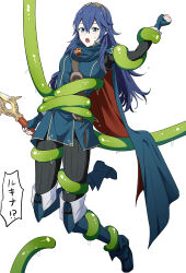 Rule 34 | 1girl, ameno (a meno0), arm grab, blue eyes, blue hair, boots, breasts, cape, falchion (fire emblem), fingerless gloves, fire emblem, fire emblem awakening, gloves, hair between eyes, leg grab, long hair, long sleeves, lucina (fire emblem), nintendo, open mouth, pantyhose, small breasts, suspension, sweatdrop, sword, symbol-shaped pupils, tentacles, tiara, translated, weapon, white background