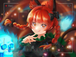 Rule 34 | 1girl, :q, animal ear fluff, animal ears, black bow, blue fire, blurry, blurry background, bow, braid, cat ears, chromatic aberration, depth of field, dress, extra ears, fingernails, fire, floating hair, glitch, green dress, hair bow, hair ribbon, hand up, hell likeheaven, highres, hitodama, kaenbyou rin, long sleeves, looking at viewer, pointy ears, red eyes, red hair, ribbon, skull, solo, timestamp, tongue, tongue out, touhou, tress ribbon, twin braids, upper body, viewfinder