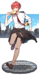 Rule 34 | 1boy, aho no sakata, backpack, bag, blue sky, bread, brown footwear, brown pants, clothes around waist, food, fried egg, fried egg on toast, highres, male focus, mochi ggg, mouth hold, necktie, pants, red eyes, red hair, red necktie, running, shirt, short hair, sky, stuffed animal, stuffed dog, stuffed toy, toast, tower, urashimasakatasen, utaite, white shirt